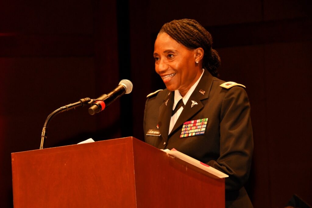 SHP Alumna U.S. Army Reserves Brig. Gen. Cindy Saladin-Muhammad speaking at Convocation