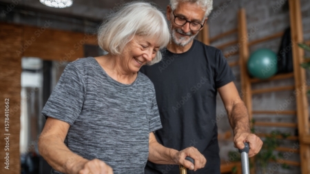 An elderly woman and man using a walker