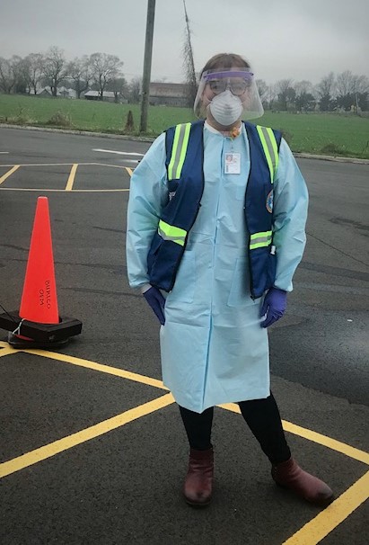 Dawn Reinhardt Wood in protective garb at Covid-19 testing site