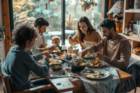 A group of people, likely a family, sitting around a table, eating food, and engaging in storytelling, A family sharing a meal and storytelling around the dinner table