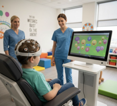 a child using an adaptive joystick while interacting with a therapeutic game on a laptop