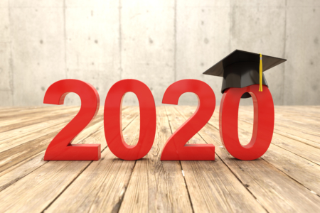 Words 2020 with a black graduation cap on the second zero