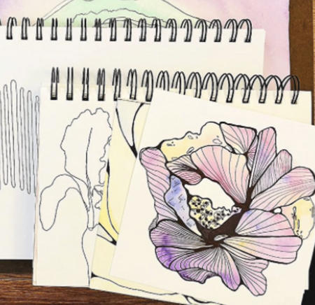 flower drawing on a spiral notebook page